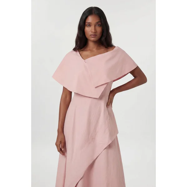 Robe Midi Premium En Viscose Lin À Col Asymétrique Et Jupe Ample Ajustée