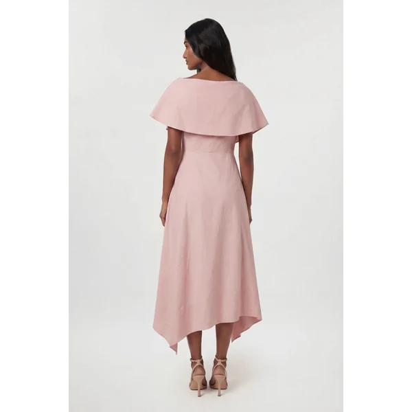 Robe Midi Premium En Viscose Lin À Col Asymétrique Et Jupe Ample Ajustée