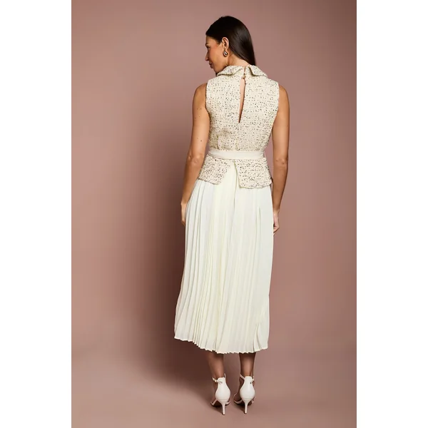 Robe Midi Sans Manches en Mélange de Tweed avec Ceinture