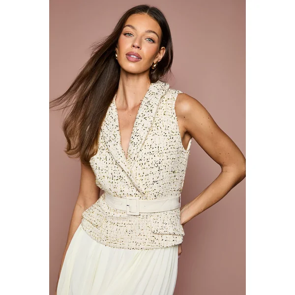 Robe Midi Sans Manches en Mélange de Tweed avec Ceinture