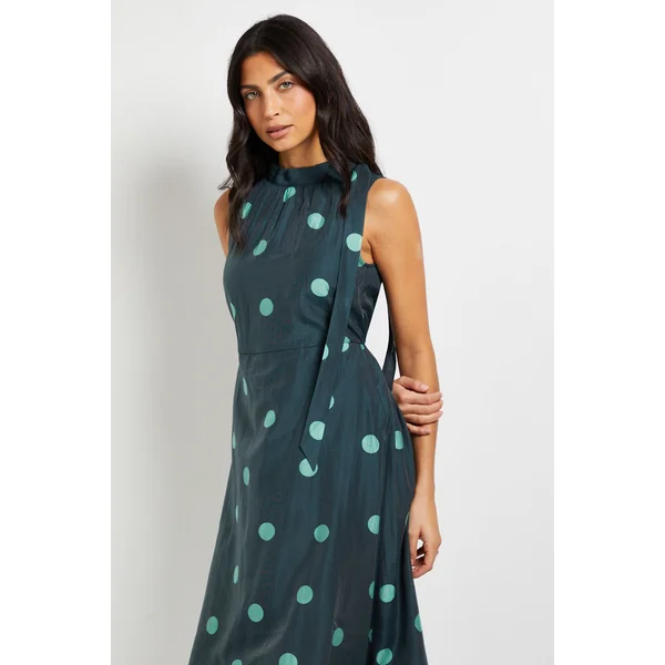 Robe Midi Sans Manches à Pois avec Encolure Nouée