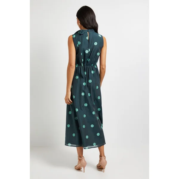 Robe Midi Sans Manches à Pois avec Encolure Nouée