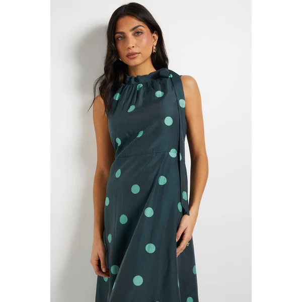 Robe Midi Sans Manches à Pois avec Encolure Nouée
