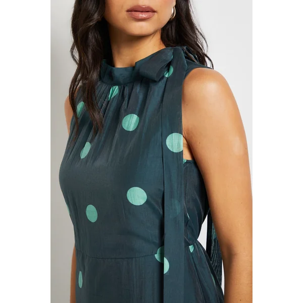 Robe Midi Sans Manches à Pois avec Encolure Nouée