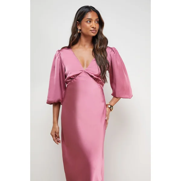 Robe Midi Satinée à Col V et Manches Ballon Taillée en Biais