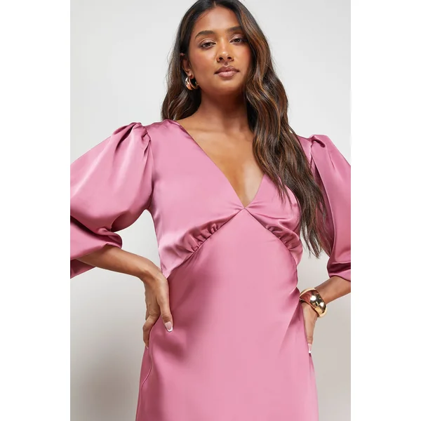 Robe Midi Satinée à Col V et Manches Ballon Taillée en Biais
