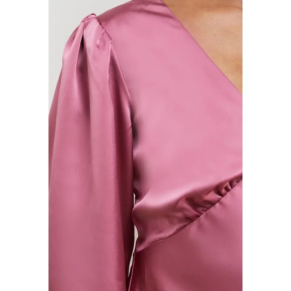Robe Midi Satinée à Col V et Manches Ballon Taillée en Biais
