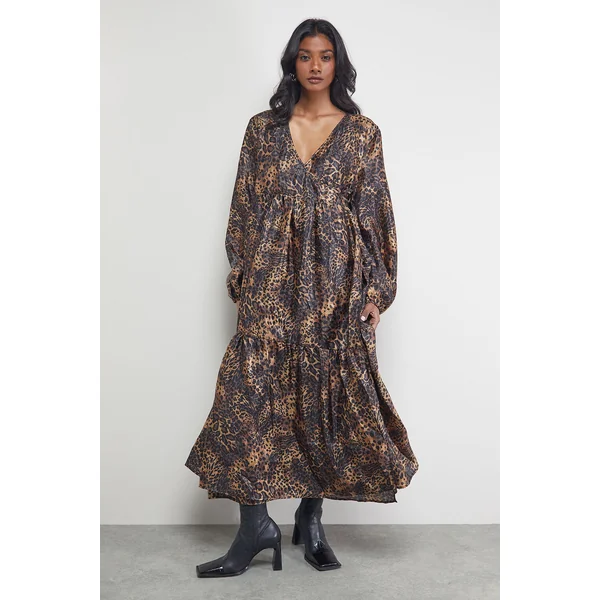 Robe Midi Smockée à Volants en Organza Texturé Portefeuille