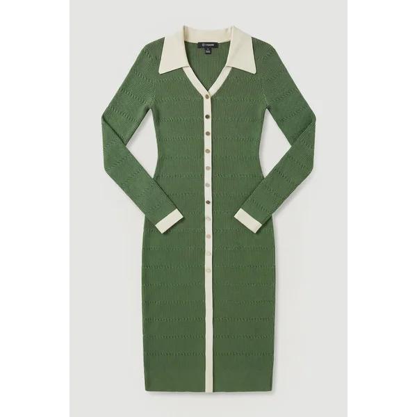 Robe Midi Tricotée Petite Taille avec Détail Côtes Contrastées et Boutons en Viscose