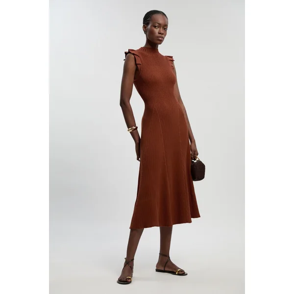 Robe Midi Tricotée À Manches À Volants En Pointelle Petite Taille