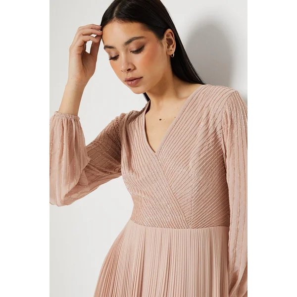 Robe Midi à Corsage Croisé Ornementé et Jupe Plissée