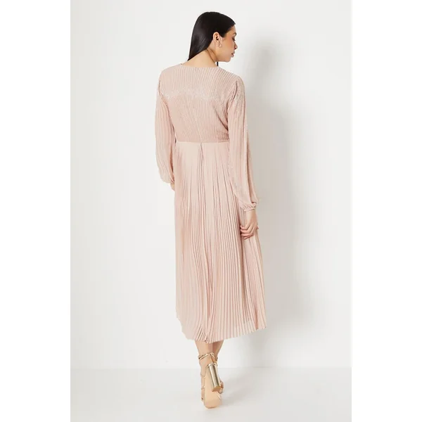 Robe Midi à Corsage Croisé Ornementé et Jupe Plissée