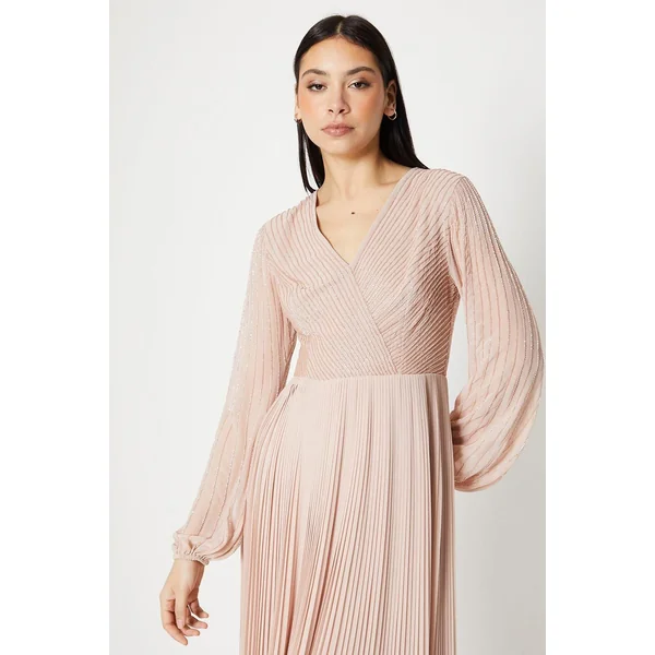 Robe Midi à Corsage Croisé Ornementé et Jupe Plissée