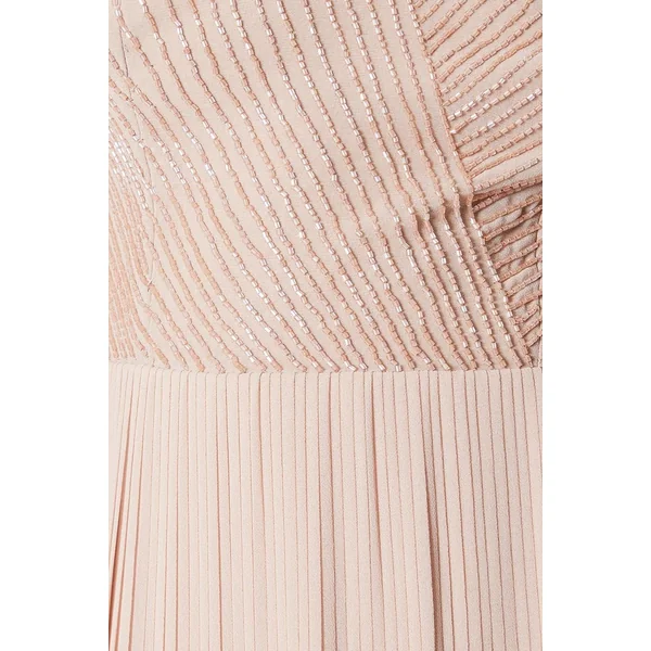 Robe Midi à Corsage Croisé Ornementé et Jupe Plissée