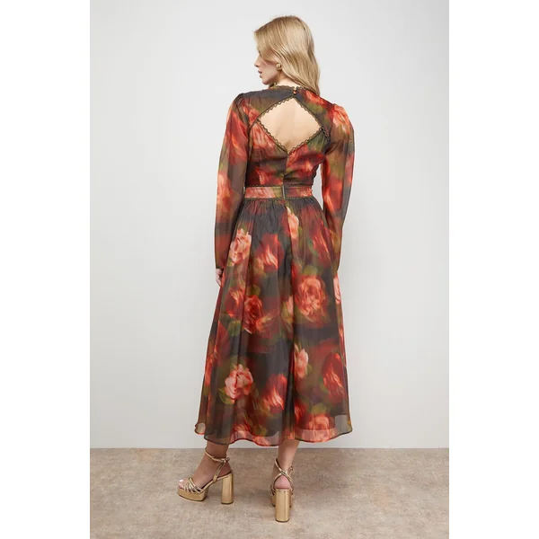 Robe Midi à Manches Longues avec Col V et Dos Ouvert