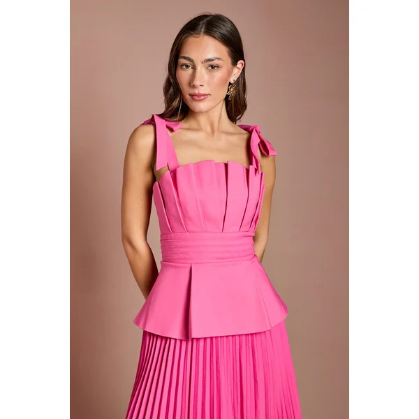 Robe Midi À Plis Sur Le Corsage Avec Nœuds Aux Épaules Et Basque