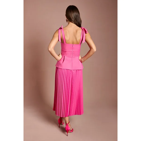 Robe Midi À Plis Sur Le Corsage Avec Nœuds Aux Épaules Et Basque