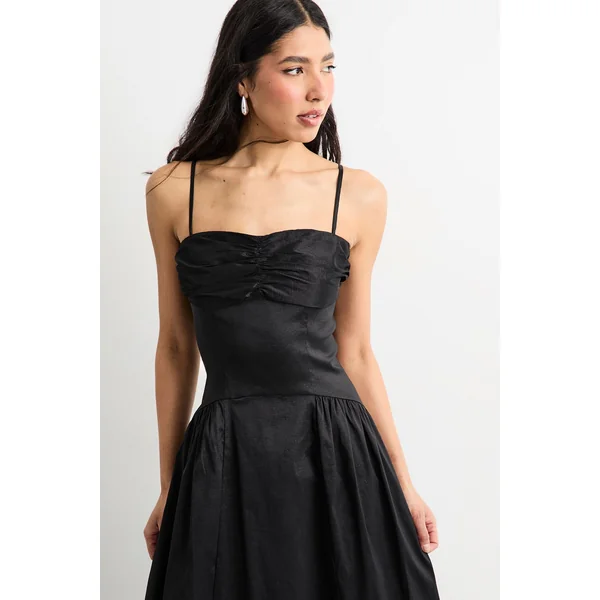 Robe Midi à Taille Basse et Buste Froncé