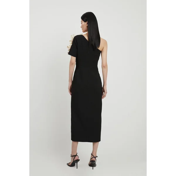Robe midi à une épaule en taffetas stretch compact à volants