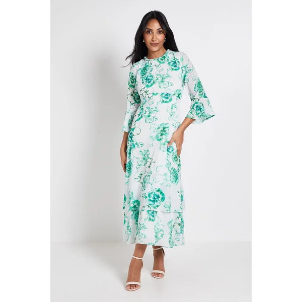 Robe Midi À Volants Avec Encolure Fleurie Petite Taille