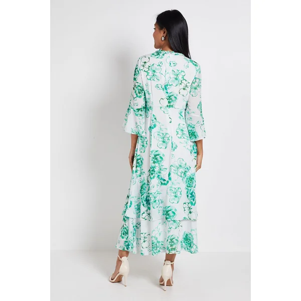 Robe Midi À Volants Avec Encolure Fleurie Petite Taille