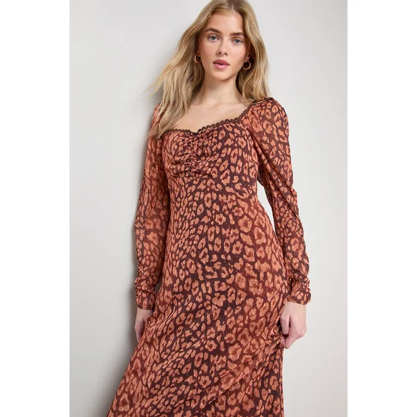 Robe Mi-Longue en Mousseline Imprimée avec Détail d'Épaule et Dos Froncé