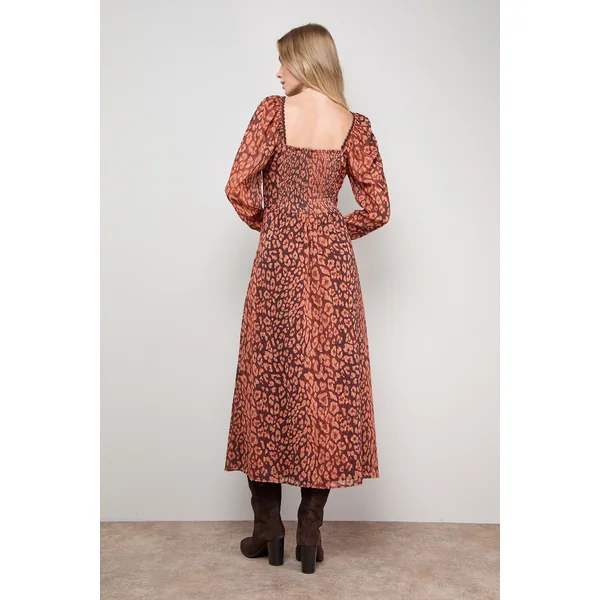 Robe Mi-Longue en Mousseline Imprimée avec Détail d'Épaule et Dos Froncé