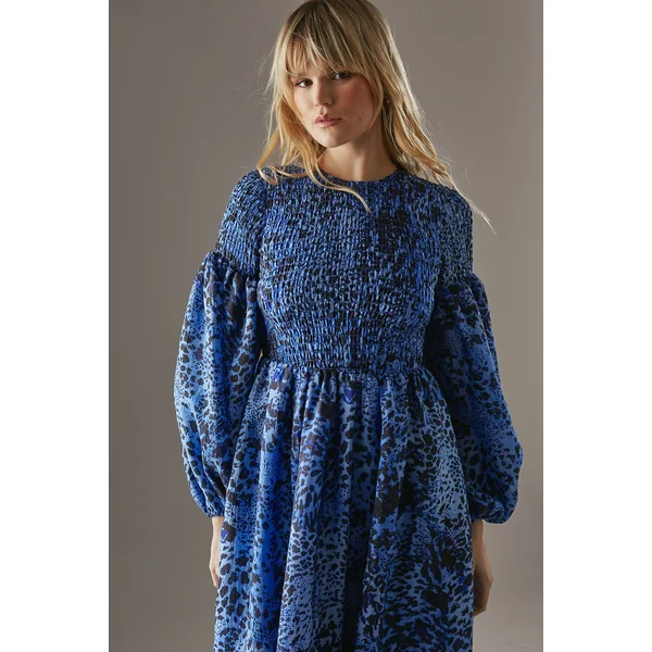 Robe Mi-Longue en Organza Texturé Imprimé à Fronces