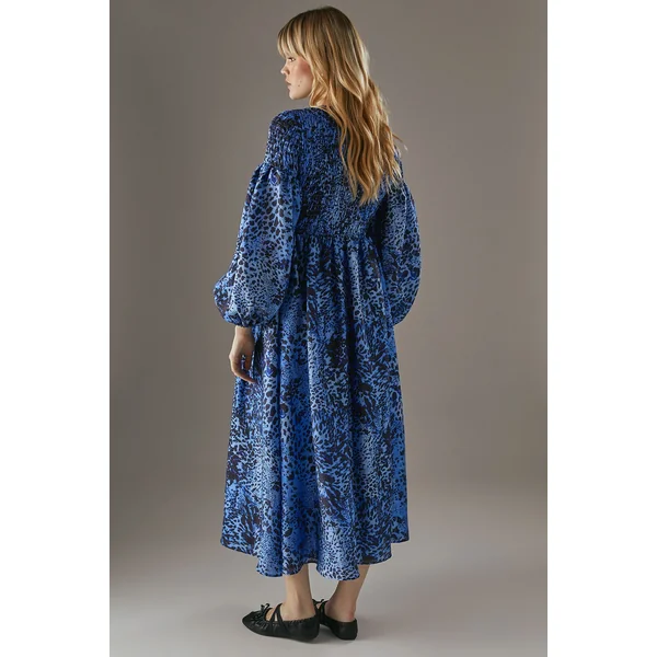 Robe Mi-Longue en Organza Texturé Imprimé à Fronces
