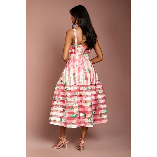 Robe Mi-Longue en Organza à Motif Floral Dévoré pour Petite Taille