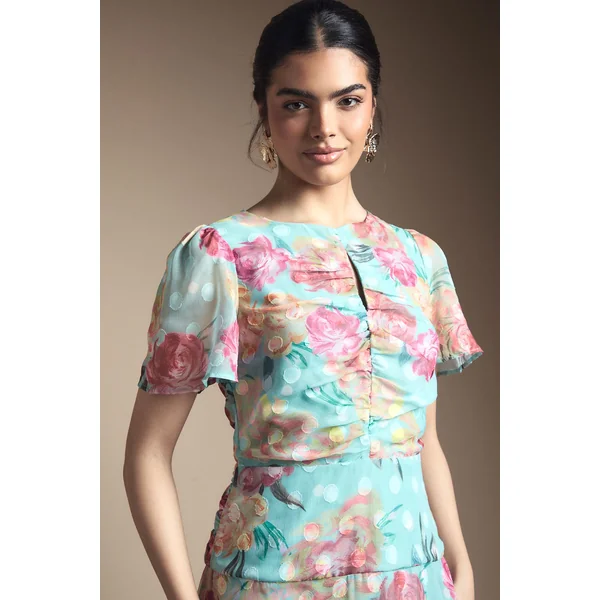 Robe Mi-Longue Froncée à Motifs Floraux Dévorés