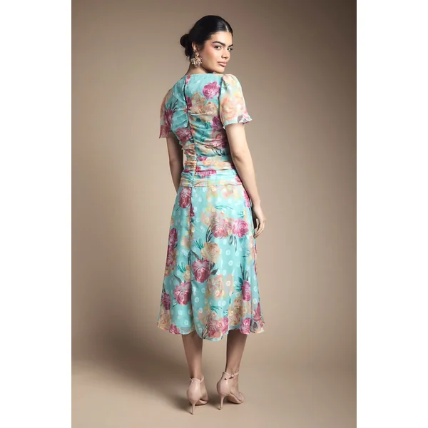 Robe Mi-Longue Froncée à Motifs Floraux Dévorés