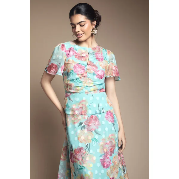 Robe Mi-Longue Froncée à Motifs Floraux Dévorés