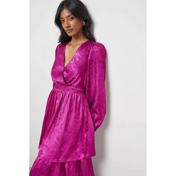 Robe Mi-Longue Métallisée à Décolleté Plongeant et Volants Étagés