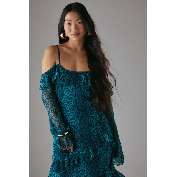 Robe Mi-Longue Petite en Mousseline à Volants et Épaules Dénudées