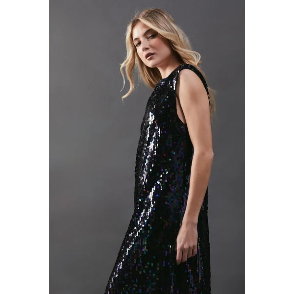 Robe Mi-Longue Sans Manches à Sequins avec Épaulettes
