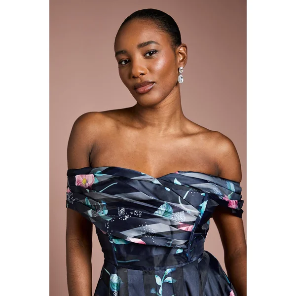 Robe Mi-Longue à Bustier Plissé en Organza Rayé