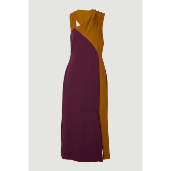 Robe Mi-Longue à Encolure Américaine et Blocs de Couleur Ajustée Douce