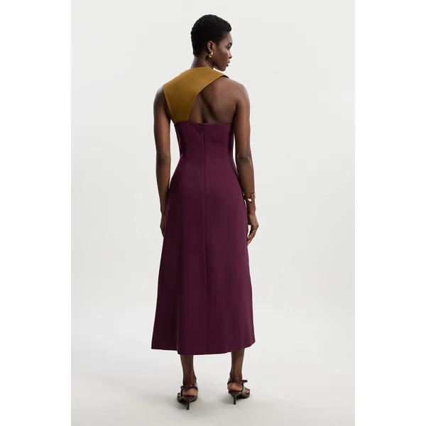 Robe Mi-Longue à Encolure Américaine et Blocs de Couleur Ajustée Douce
