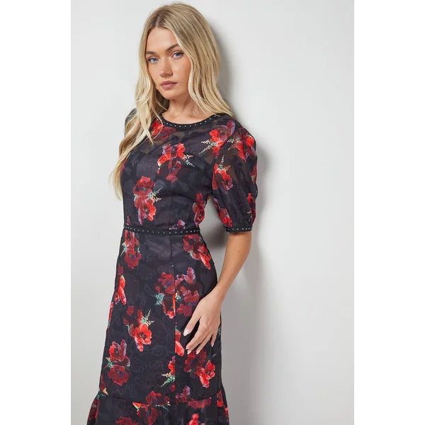 Robe Mi-longue à Manches Bouffantes avec Imprimé Jacquard et Détails Cloutés