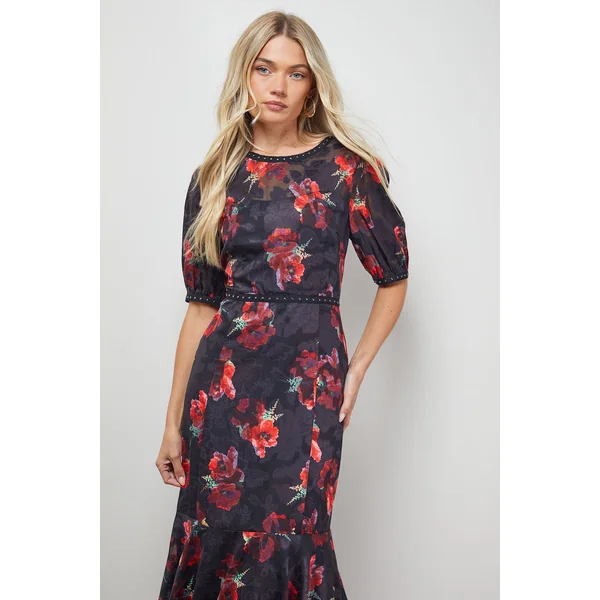 Robe Mi-longue à Manches Bouffantes avec Imprimé Jacquard et Détails Cloutés