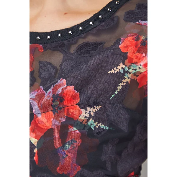 Robe Mi-longue à Manches Bouffantes avec Imprimé Jacquard et Détails Cloutés