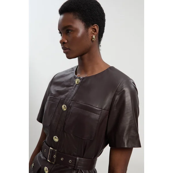 Robe Mini Ceinturée en Cuir avec Poches