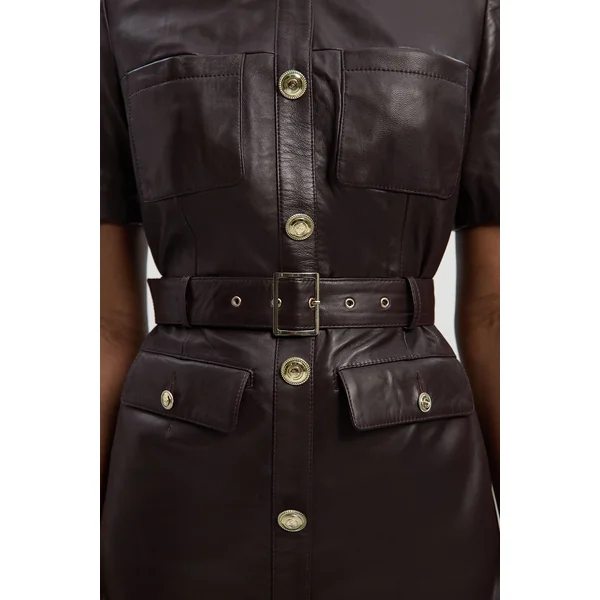 Robe Mini Ceinturée en Cuir avec Poches