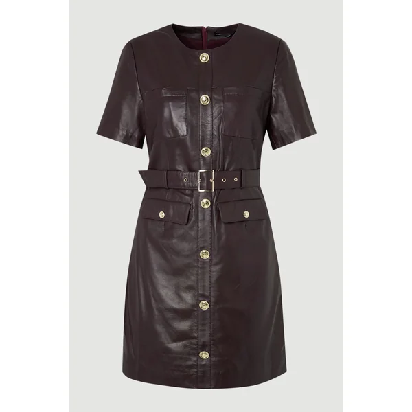 Robe Mini Ceinturée en Cuir avec Poches