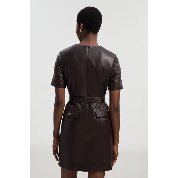 Robe Mini Ceinturée en Cuir avec Poches