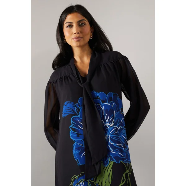 Robe Mini Droite à Imprimé Placé et Col Noué