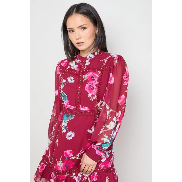 Robe Mini en Mousseline Imprimée avec Finitions Cloutées Petite