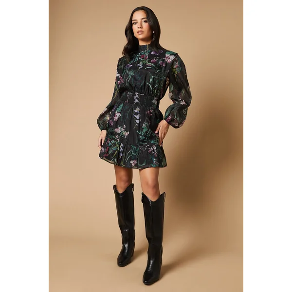 Robe Mini en Organza à Imprimé Bordure avec Taille Froncée et Dos Noué