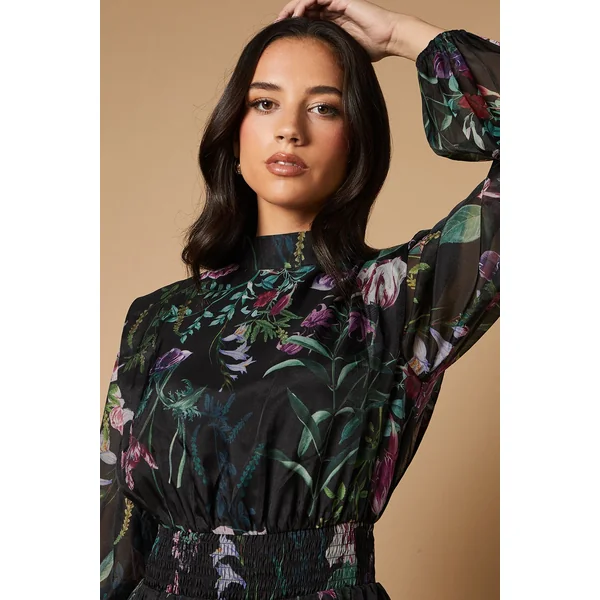 Robe Mini en Organza à Imprimé Bordure avec Taille Froncée et Dos Noué